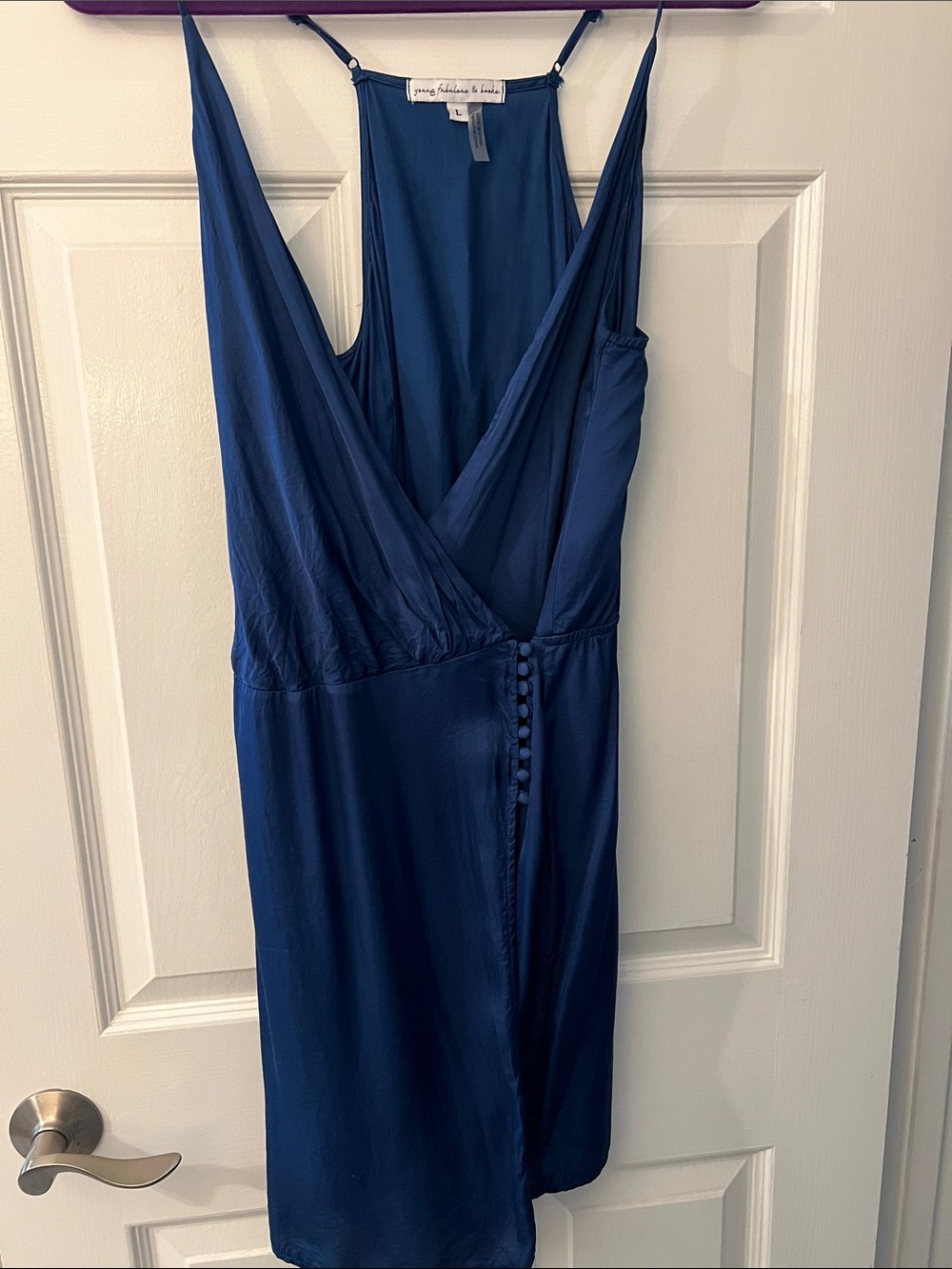 Young Fabulous & Broke Blue Satin Wrap Dress with button detail
